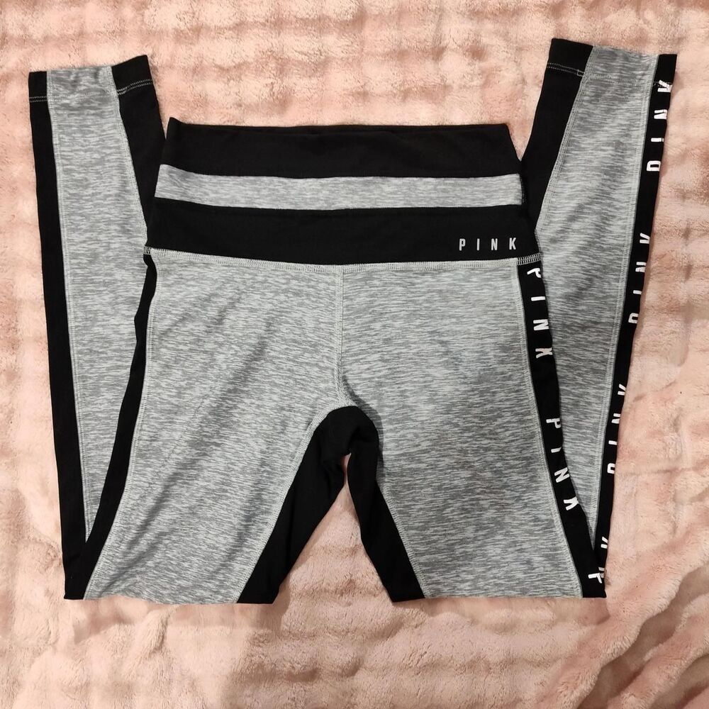 Victoria's Secret PINK Heathered Grey & Black Colorblock Leggings Logo Stripe S